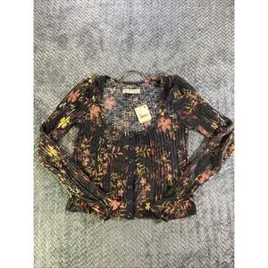 Free People Angelina Lace Crop Top Black Combo Floral Button Front XS NWT